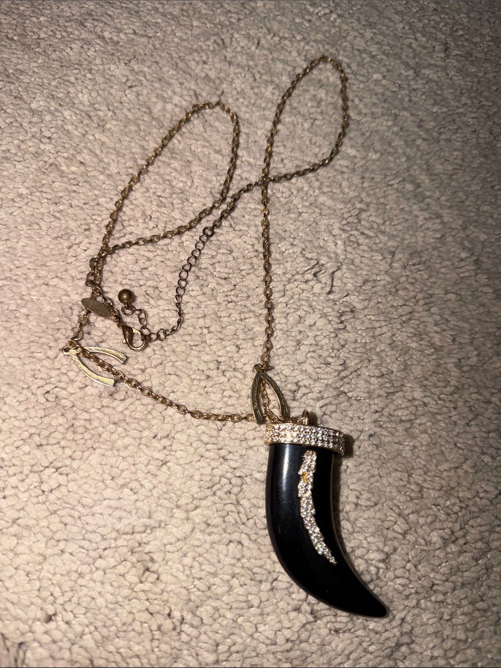 Gold-Tone Black Horn Pendant Necklace with Crystal Accent